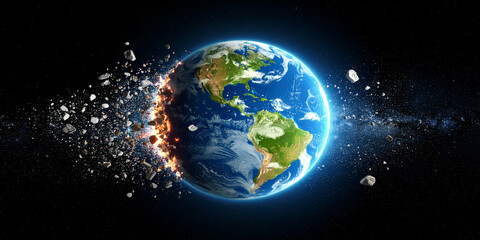 Obraz premium Cinematic 8K ultra-detailed view of planet Earth exploding and disintegrating into glowing fragments in deep space.