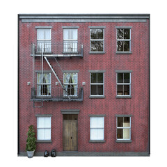 Red brick urban apartment building facade.