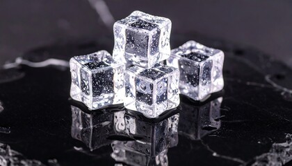 Fresh blue ice cubes, isolated and transparent, melt into clear water on a black background, with small drops reflecting the light