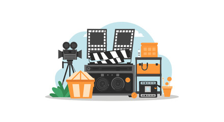 Fototapeta premium A Colorful Illustration Showcases Film Equipment, Including a Camera, Clapperboard, and Sound System, Representing the Creative Process of Cinema and Storytelling, Illustrating the Art