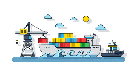 Obraz premium A Colorful Illustration of a Container Ship at Sea, Depicting Global Shipping and Logistics, Featuring a Crane Loading Containers for International Trade and Transportation, Showcasing