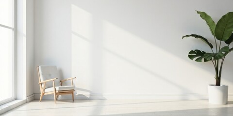 Fototapeta premium Serene Minimalist Room Interior Design with Light-Filled Space, Modern Chair, and Lush Greenery