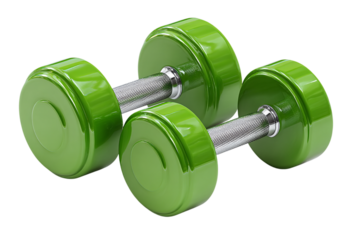 Pair of green dumbbells isolated on transparent background for fitness concept