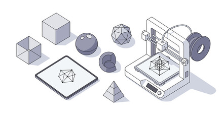 A Conceptual Illustration of 3D Printing Technology, Showcasing the Process of 3D Printing Various Geometrical Shapes and Objects, Representing the Capabilities and Potential of Additive