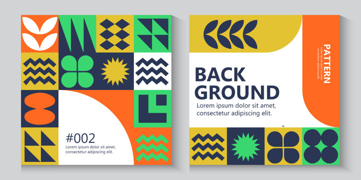 Bauhaus Colorful neo geometric poster, banner or cards seamless pattern collection. Abstract monochrome designs with simple geometry shapes. Modern abstract promotional template flayer background.