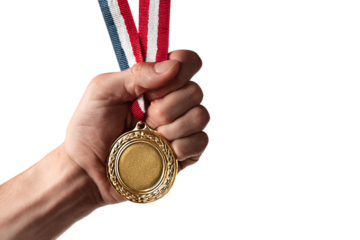 Hand holding a gold medal with red, white and blue ribbon isolated on white isolated on transparent background