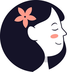 Serene woman's profile, dark hair, flower adornment, peaceful expression.