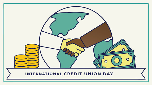 Flat Design Vector Illustration for International Credit Union Day with Handshake, Globe, Coins, and Dollar Bills - Powered by Adobe