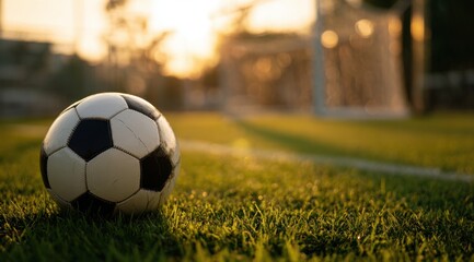 Fototapeta premium Close-up of a classic black and white soccer ball resting on lush green grass in a park during golden hour sunlight