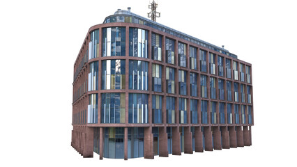 Modern glass and steel office building exterior.