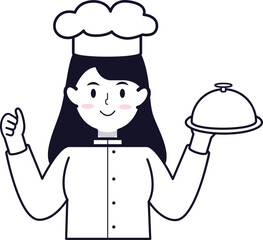 A smiling female chef in uniform holding a covered serving dish, gesturing with her thumb.
