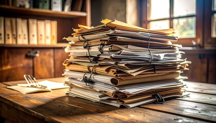 Obraz premium A towering pile of old, disorganized papers and archival documents stacked on a wooden desk, representing clutter and bureaucracy