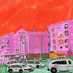city street scene. Hand drawn illustration. Wall painting. 