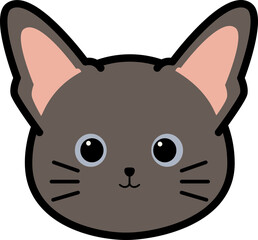 Cartoon illustration of a grey cat's head with large ears and whiskers, facing forward.