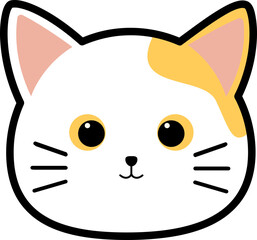 Cartoon depiction of a white cat's face with yellow markings, black outline, and simple, cute features.