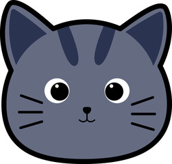 A charming, stylized illustration of a cute gray tabby cat's face with large, expressive eyes and subtle stripes.