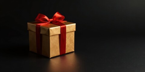 Obraz premium A Gold Gift Box with a Red Ribbon Bow on a Dark Background, Perfect for Celebrating Special Occasions and Showing Appreciation