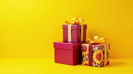 Obraz premium A vibrant trio of gifts, adorned with golden ribbons and floral patterns, rests elegantly against a sunny yellow backdrop.