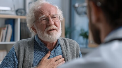An elderly man with a worried expression discusses his health concerns with a compassionate doctor in a medical office, pointing to his chest to indicate heart issues. The atmosphere is serious yet su