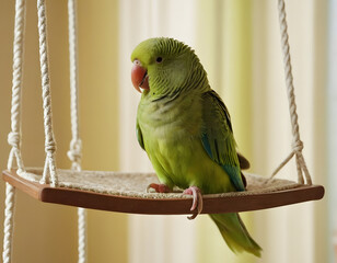Obraz premium Close-up of a green parakeet on a swing in a sunny room. Concept of pet entertainment, care, good maintenance, and toys. A bird playground.