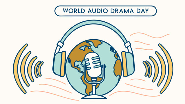 Flat Vector Illustration for World Audio Drama Day with Microphone, Headphones, Globe, and Sound Waves