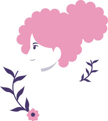 Profile portrait of a woman with pink curly hair, adorned with stylized floral elements.