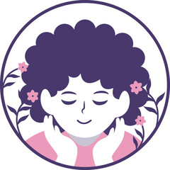 A serene illustration of a person with closed eyes and a gentle smile, framed by delicate floral branches within a circular border.