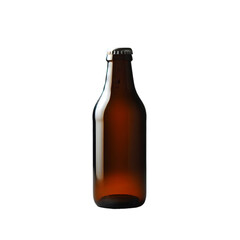A single amber glass beer bottle with a silver cap on a black background