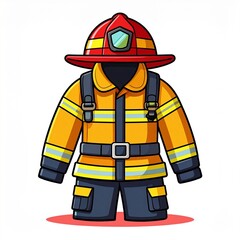 Colorful illustration of a firefighter's protective uniform, featuring a bright orange and yellow design, complete with a red helmet.