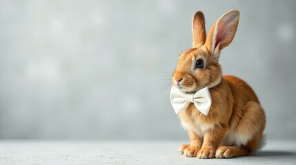 Obraz premium Adorable orange bunny wearing a stylish bow tie, a charming image perfect for springtime celebrations or heartwarming pet-themed projects.