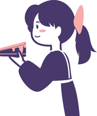 A young girl, smiling, holding a slice of cake, ready to serve.