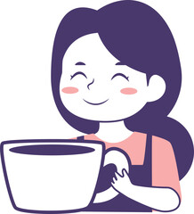 Smiling cartoon woman holding an egg over a mixing bowl, likely preparing a meal.