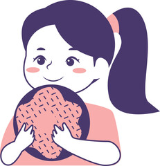 Happy girl lovingly embraces a large, patterned cookie.