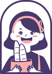 A happy cartoon girl with a pink headband joyfully holding a basket containing two freshly baked baguettes.