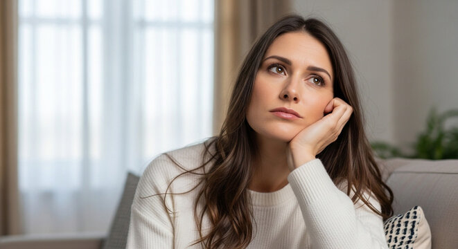Thoughtful young woman sitting on sofa at home looking away with pensive expression and daydreaming about future - Powered by Adobe