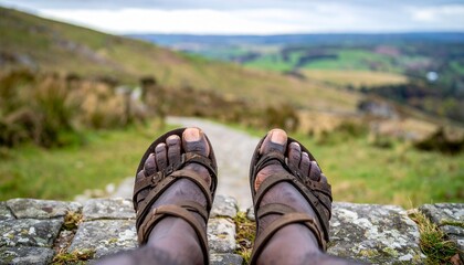 Relaxing point of view shot of a hiker's feet in walking sandals overlooking a beautiful green valley from a viewpoint.