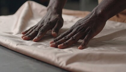 Artisan smoothing silk fabric on workshop table, carefully preparing material for tailoring with precision and care, showcasing craftsmanship.