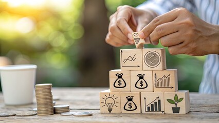 Building financial strategies with wooden blocks and icons
