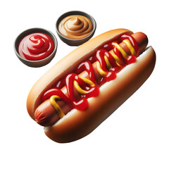 Delicious hot dog with ketchup and mustard on a bun with dipping sauces