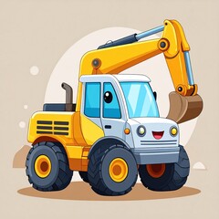 Fototapeta premium A cartoon excavator, rendered in vivid yellow and white, showcases playful charm.