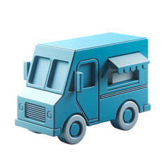A light blue food truck with a black background