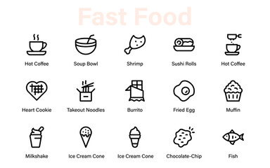 Fast Food icon collection. Containing meal, restaurant, dishes, and fruit icons. Set of vector icons related to food and drink. Linear icon collection, such as drink water, apple leaf, and pack.