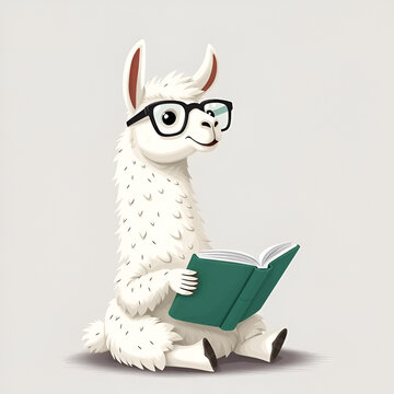 A charming llama in glasses sits upright, absorbed in a book