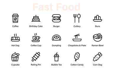 Fast Food icon collection. Containing meal, restaurant, dishes, and fruit icons. Set of line icons related to food and drink. Linear icon collection, such as drink water, apple leaf, and pack.