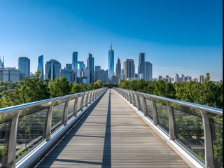 Fototapeta premium Modern pedestrian bridge leading towards the skyline of a big city with tall skyscrapers, surrounded by lush green trees under a clear blue sky on a sunny day