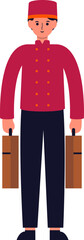 A bellhop in a red uniform carries two brown suitcases.