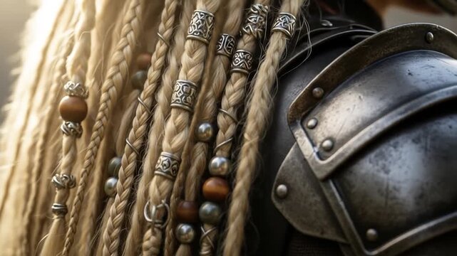 Close-up of Viking Warriors Braided Hair and Armor Details.