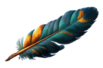 Vibrant, stylized feather with teal and gold marbled pattern