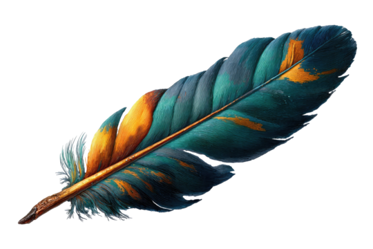 Vibrant, stylized feather with teal and gold marbled pattern