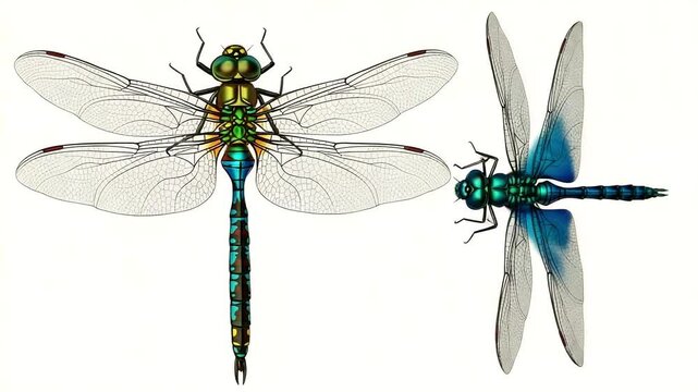 Detailed illustration of a blue and green dragonfly from top and side view, isolated on white background